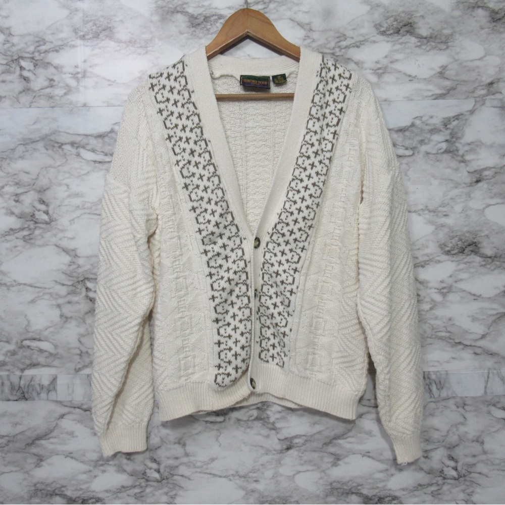 Vintage Cream Knit Cardigan with Gray Embroidered Trim